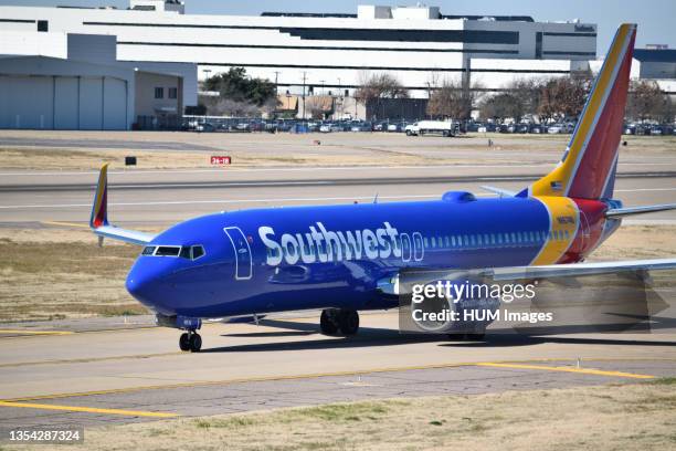 Southwest Airlines plane on the runway at Love Field in Dallas, TX.