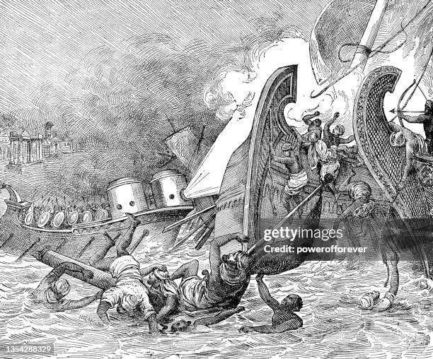griechisches feuer wird während der ersten arabischen belagerung von konstantinopel verwendet, zeichnung von heinrich leutemann - 19. jahrhundert - flammenwerfer stock-grafiken, -clipart, -cartoons und -symbole