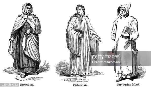 old engraved illustration of religious persons of various orders - habit stock-fotos und bilder