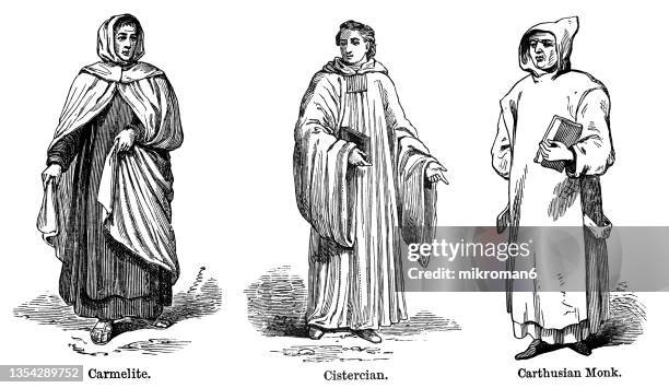 old engraved illustration of religious persons of various orders - nun habit stock pictures, royalty-free photos & images