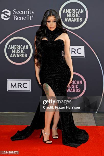 Host Cardi B attends the 2021 American Music Awards Red Carpet Roll-Out with Host Cardi B at L.A. LIVE on November 19, 2021 in Los Angeles,...