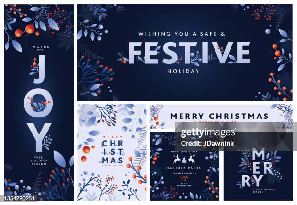 illustrazioni stock, clip art, cartoni animati e icone di tendenza di set di biglietti di auguri di buon natale e modelli di design banner con rami e fiori disegnati a mano - gioia
