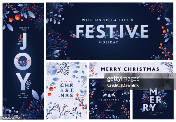 bildbanksillustrationer, clip art samt tecknat material och ikoner med set of merry christmas greeting card and banner design templates with hand drawn branches and florals - elegans