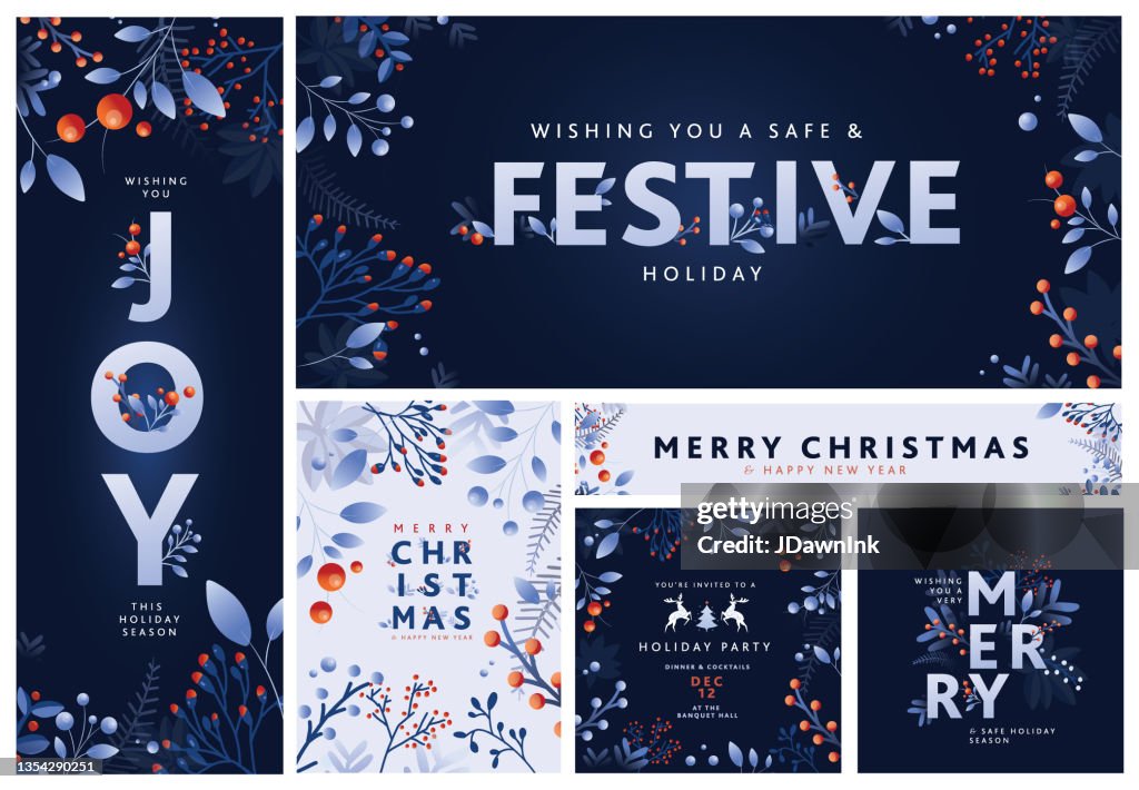 Set of Merry Christmas Greeting card and banner design templates with hand drawn branches and florals