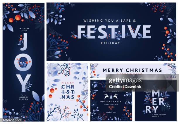 set of merry christmas greeting card and banner design templates with hand drawn branches and florals - christmas stock illustrations