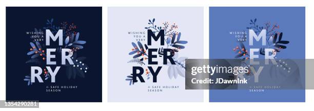 set quadratischer merry christmas grußkarten-designvorlagen mit handgezeichneten zweigen und blumen - weihnachtskarte stock-grafiken, -clipart, -cartoons und -symbole