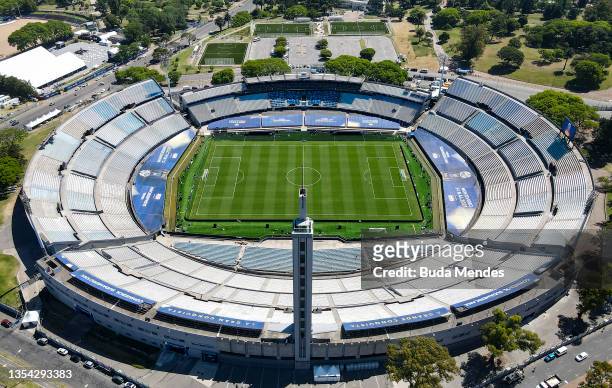 Aerial view of Centenario Stadium on November 19, 2021 in Montevideo, Uruguay. Athletico Paranaense and Red Bull Bragantino will play the final of...