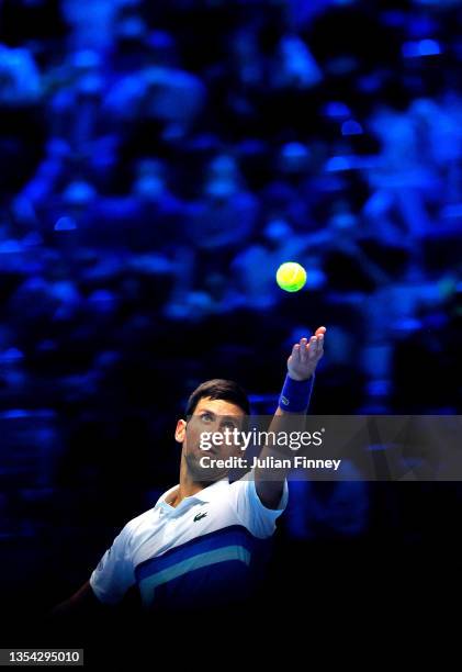 Novak Djokovic of Serbia serves during his Round Robin Singles match against Cameron Norrie of Great Britain on Day Six of the Nitto ATP World Tour...