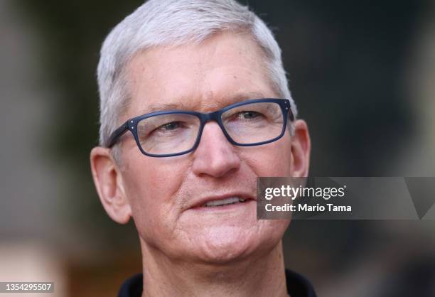 Apple CEO Tim Cook attends the grand opening event of the new Apple store at The Grove on November 19, 2021 in Los Angeles, California. The original...