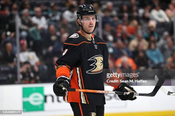 Cam Fowler of the Anaheim Ducks looks on during the second period of a game against the Carolina Hurricanes at Honda Center on November 18, 2021 in...
