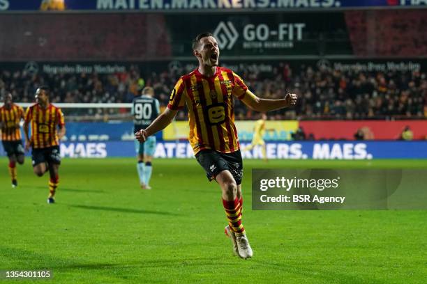 Rob Schoofs of KV Mechelen celebrates the late winner during the Jupiler Pro League match between KV Mechelen and Club Brugge at AFAS Stadion on...