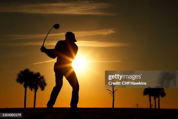 Adam Hadwin of Canada practices on the range after the second round of The RSM Classic at Sea Island Resort on November 19, 2021 in St Simons Island,...