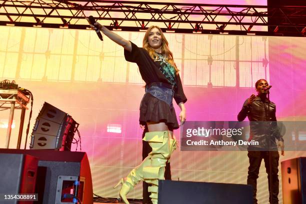 Becky Hill perforns during HITS Live 2021 at M&S Bank Arena on November 19, 2021 in Liverpool, England.
