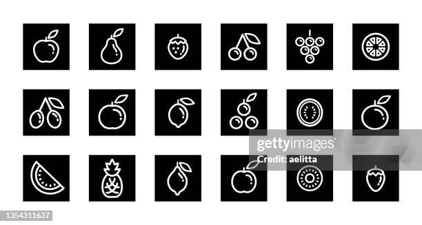 vector icon set of fruits - an apple, a pear, a strawberry, cherries, grapes, an orange slice, plums, a peach, a lime, blueberries, half of a melon, an orange, a water melon slice, a pine-apple, a lemon, an apricot, a kiwi slice, a raspberry. - fruit black background stock illustrations
