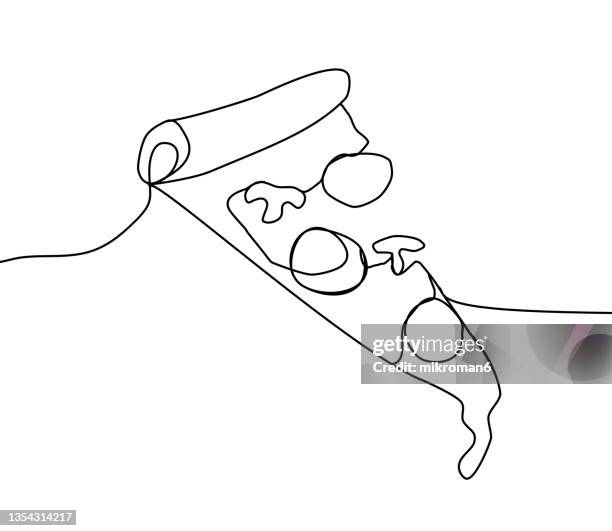 one line drawing or illustration of slice of pizza with pepperoni and mushrooms - single line stock pictures, royalty-free photos & images