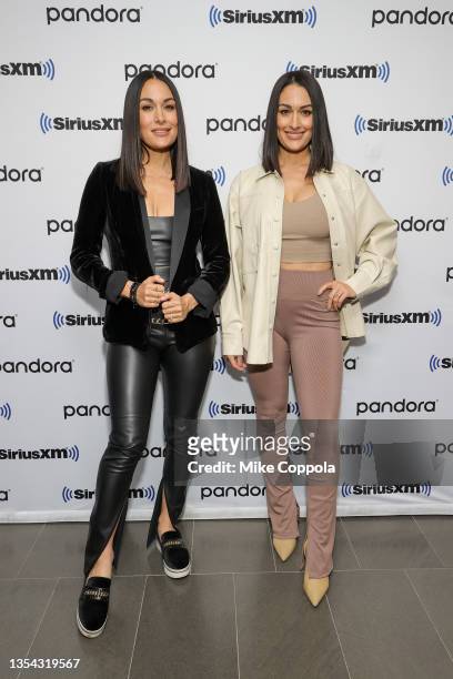 Brie Bella and Nikki Bella attend SiriusXM's Town Hall With The Bella Twins at SiriusXM Studios on November 19, 2021 in New York City.