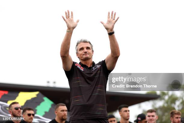 Panthers coach Ivan Cleary gestures towards fans during the Penrith Panthers Grand Final Parade on November 20, 2021 in Penrith, Australia. The...