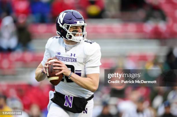 Ryan Hilinski of the Northwestern Wildcats looks to pass the ball in the second half against the Wisconsin Badgers at Camp Randall Stadium on...