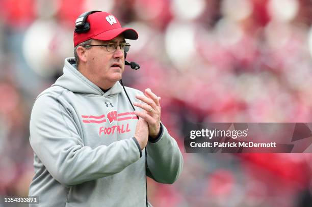 Head coach Paul Chryst of the Wisconsin Badgers reacts in the first half against the Northwestern Wildcats at Camp Randall Stadium on November 13,...