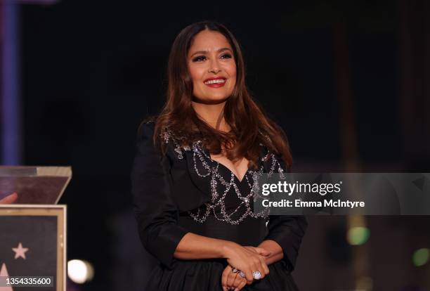 Salma Hayek Pinault attends the Hollywood Walk of Fame Star Ceremony for Salma Hayek Pinault on November 19, 2021 in Los Angeles, California.