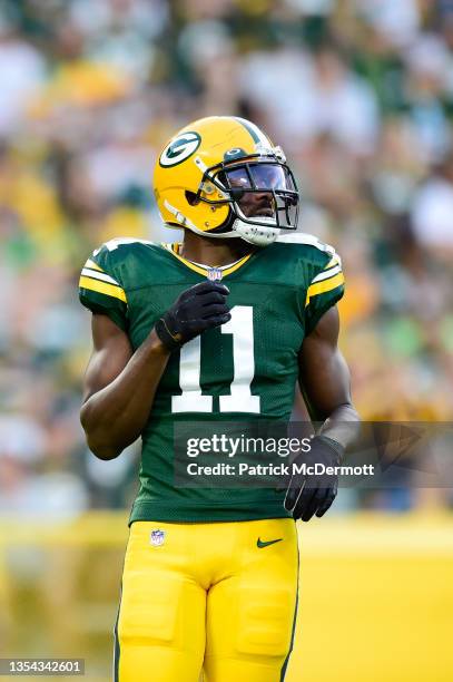 Devin Funchess of the Green Bay Packers in action against the Houston Texans during the preseason game at Lambeau Field on August 14, 2021 in Green...