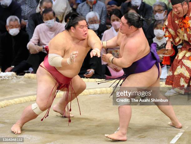 Daieisho and sekiwake Meisei compete on day six of the Grand Sumo Kyushu Tournament at the Fukuoka Convention Center on November 19, 2021 in Fukuoka,...
