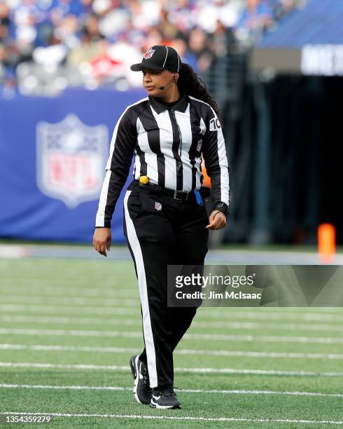 Line judge Maia Chaka works a game between the New York Giants and the Las Vegas Raiders at MetLife Stadium on November 07, 2021 in East Rutherford,...