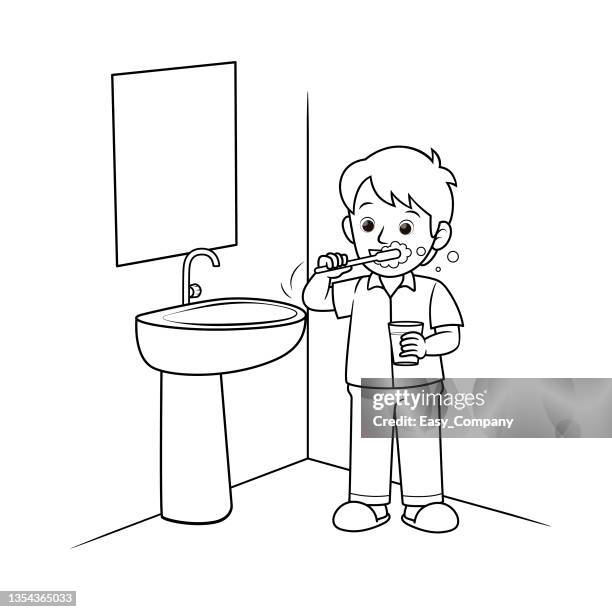 schwarz-weiß-vektorillustration einer malbuchseite für kinderaktivitäten mit einem bild eines kindes beim zähneputzen. - pajamas stock-grafiken, -clipart, -cartoons und -symbole