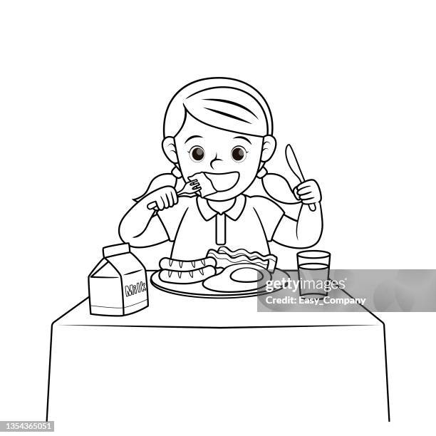 black and white vector illustration of a children's activity coloring book page with a picture of a girl eating breakfast. - milk bottle drawing stock illustrations
