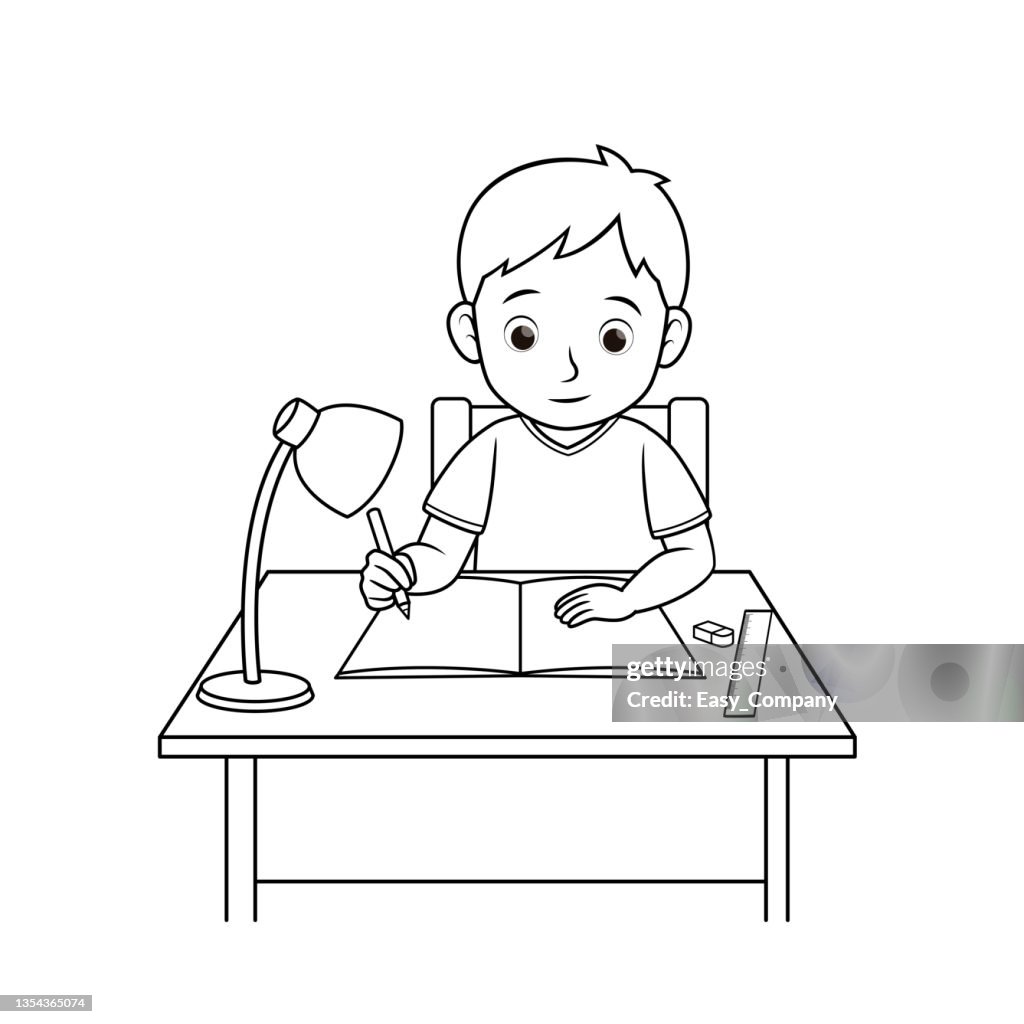 Ilustración vectorial en blanco y negro de una página de libro para colorear de actividades infantiles con una imagen de un niño leyendo un libro.