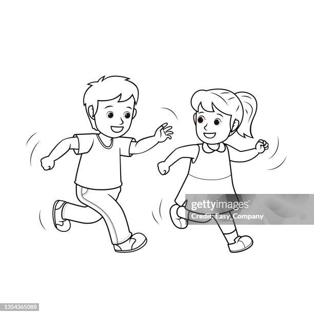 bildbanksillustrationer, clip art samt tecknat material och ikoner med black and white vector illustration of children's activity coloring book page with pictures of boys and girls running and playing. - daily sport girls