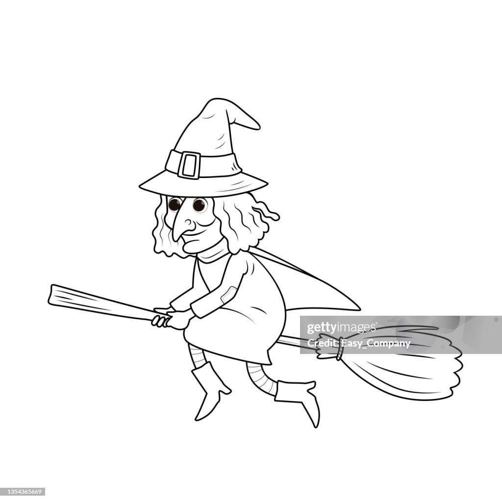 Black and white vector illustration of a children's activity coloring book page with pictures of Halloween witch.