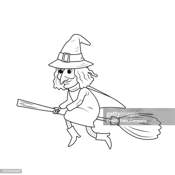 black and white vector illustration of a children's activity coloring book page with pictures of halloween witch. - colouring stock illustrations