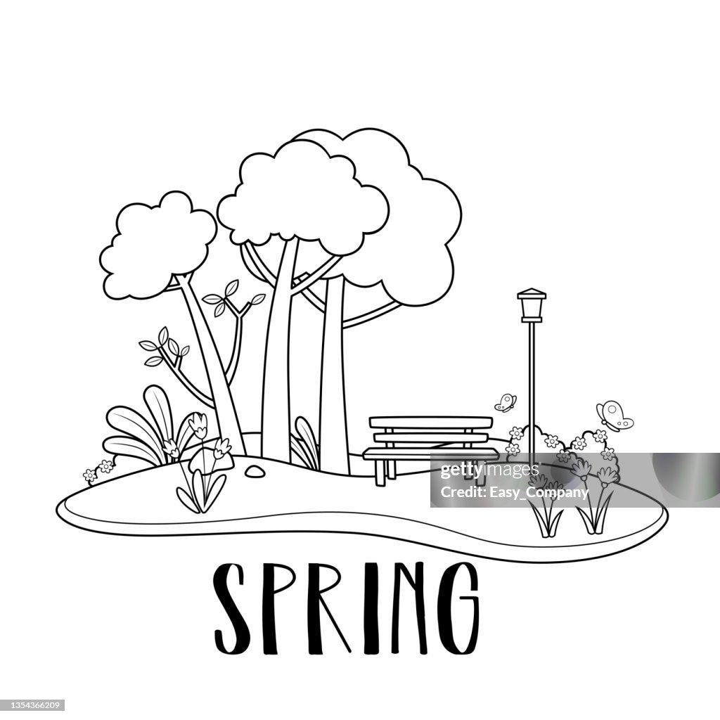 Illustrazione vettoriale in bianco e nero di una pagina di un libro da colorare di attività per bambini con immagini di primavera.