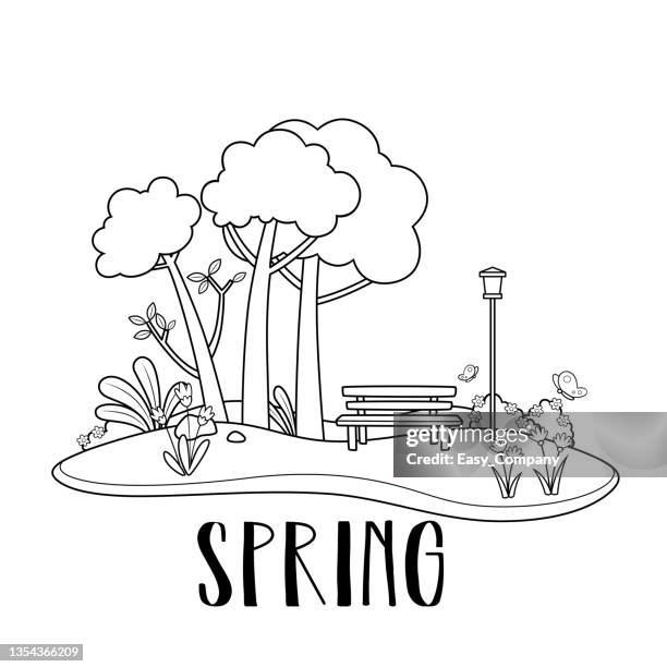 ilustrações, clipart, desenhos animados e ícones de ilustração vetorial em preto e branco de uma página de livro de colorir atividades infantis com fotos da primavera. - nature alphabet letters