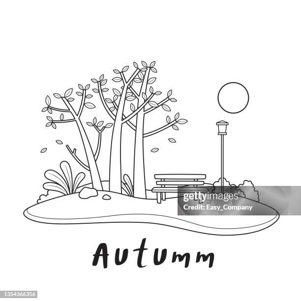 black and white vector illustration of a children's activity coloring book page with pictures of autumn. - falling off chair cartoon stock illustrations