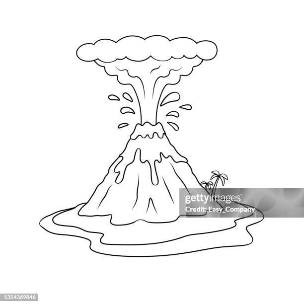 bildbanksillustrationer, clip art samt tecknat material och ikoner med black and white vector illustration of a children's activity coloring book page with pictures of nature volcano. - ritblock