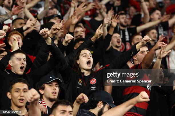 Wanderers fans enjoy the atmosphere during the A-League match between Western Sydney Wanderers and Sydney FC at CommBank Stadium, on November 20 in...