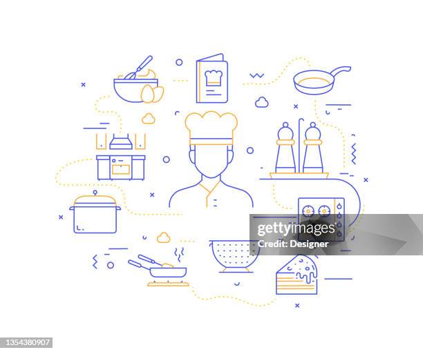 cooking related modern line style vector illustration - chef chopping stock illustrations