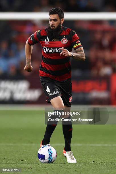 Rhys Williams of the Wanderers dribbles the ball during the A-League match between Western Sydney Wanderers and Sydney FC at CommBank Stadium, on...