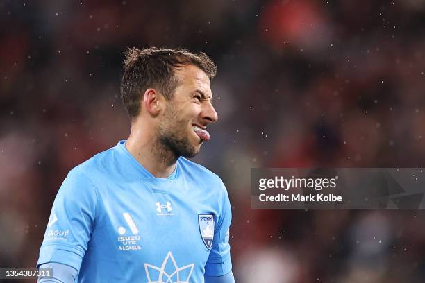 Adam Le Fondre of Sydney FC reacts after a missed chance during the A-League match between Western Sydney Wanderers and Sydney FC at CommBank...