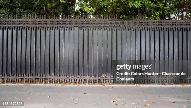 black metal grid with empty sidewalk and trees in paris - grille en métal photos et images de collection