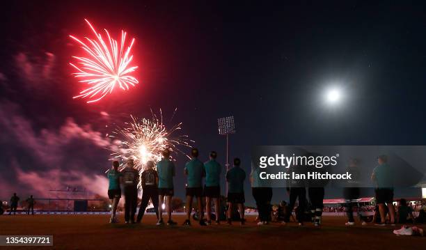 The Heat watch the fireworks display at the end the Women's Big Bash League match between the Brisbane Heat and the Melbourne Renegades at Great...