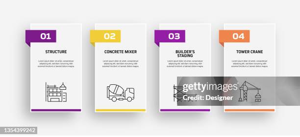 illustrations, cliparts, dessins animés et icônes de modèle d’infographie sur les processus liés à l’industrie de la construction. diagramme chronologique du processus. disposition du flux de travail avec icônes linéaires - graphique