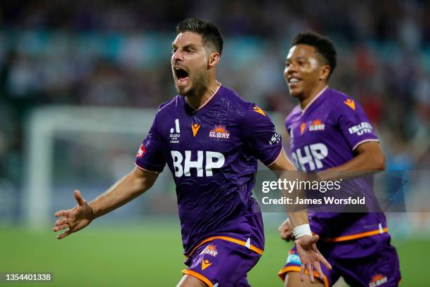 Bruno Fornaroli of the Perth Glory celebrates his goal during the A-League match between Perth Glory and Adelaide United at HBF Park, on November 20...