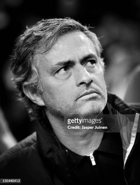 Head coach Jose Mourinho of Real Madrid looks on prior to the start of the UEFA Champions League group D match between AFC Ajax and Real Madrid at...