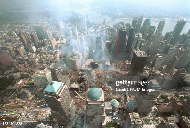 An aerial view of the NYC Custom house and surrounding area.