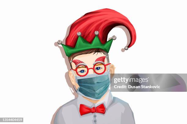 bildbanksillustrationer, clip art samt tecknat material och ikoner med boy with a christmas hat and glasses - 2 3 år