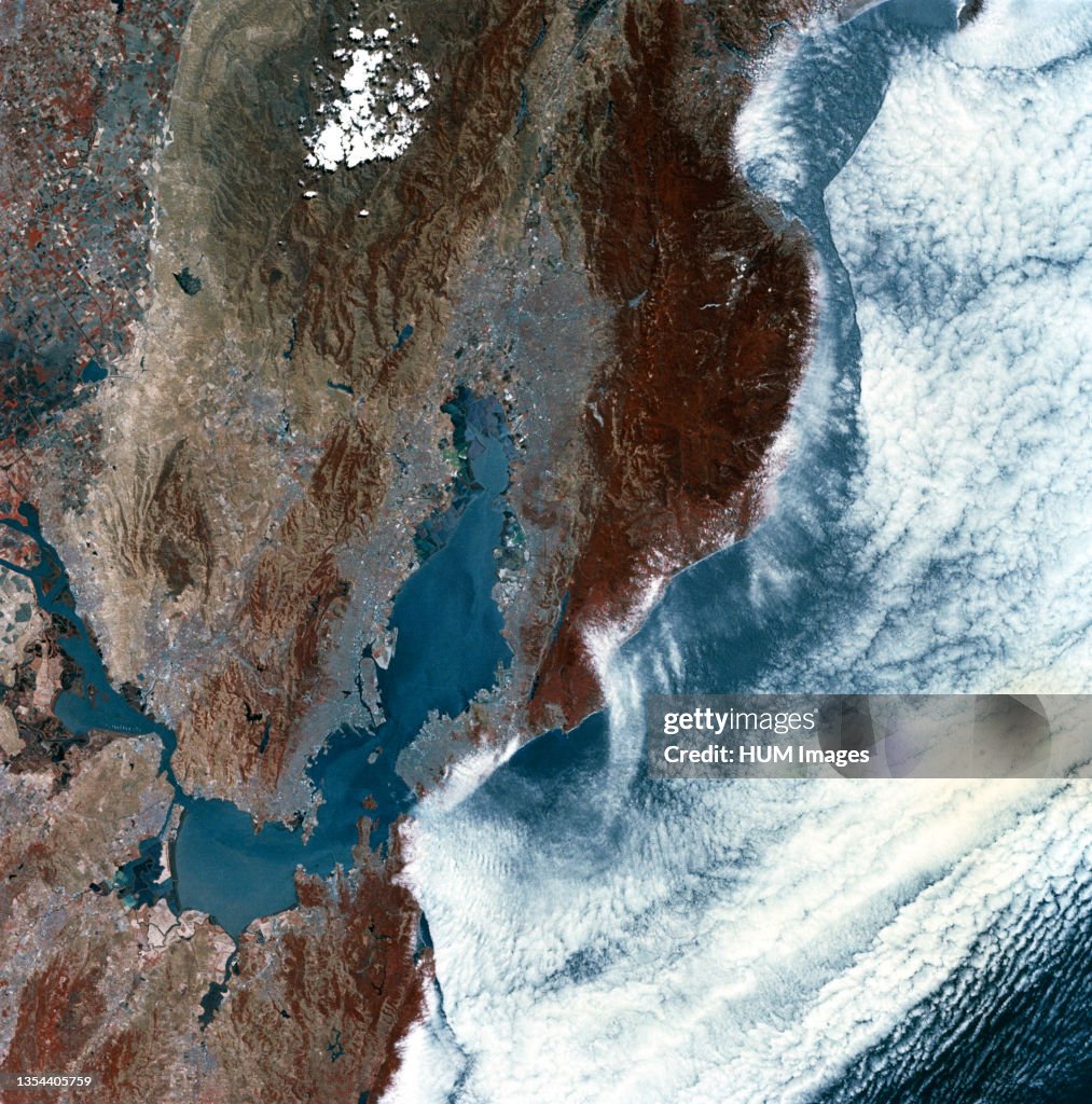 (June 1973) --- An infrared photograph of the San Francisco Bay, California area, taken from the Skylab 1/2 space station in Earth orbit. THE PICTURE SHOULD BE HELD WITH THE CLOUDS AND PACIFIC OCEAN ON THE LEFT.