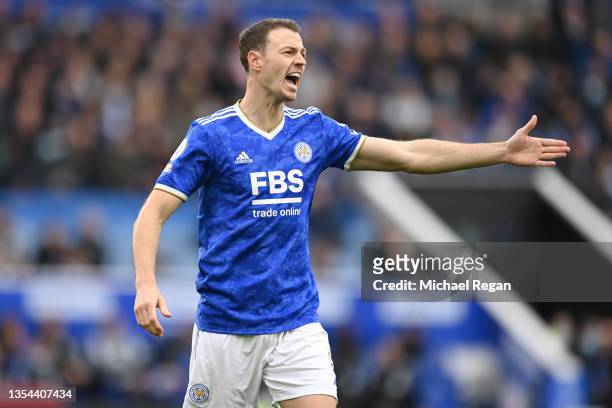 Jonny Evans of Leicester City reacts during the Premier League match between Leicester City and Chelsea at The King Power Stadium on November 20,...
